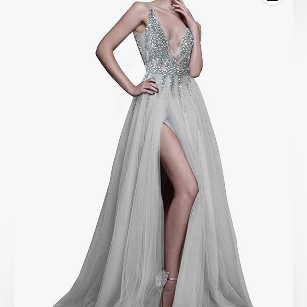 Sexy Deep V Neck Sequins Beads Tulle and Lace High Split Long Dress